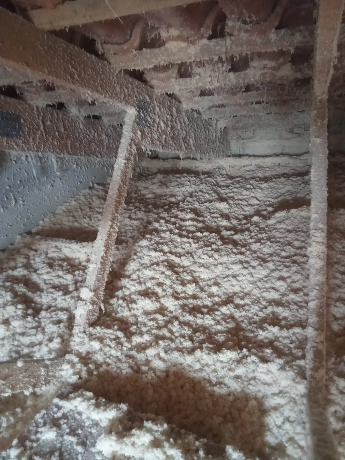 Isolant soufflé réparti sur le plancher de combles, sous-face de tuile canal visible — HH Couverture